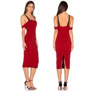 Cinq à Sept Nova Red Off-Shoulder Midi Cocktail Dress Size 8 | Celebrity Worn
